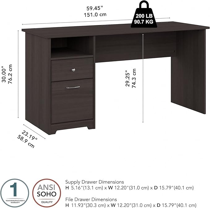 Bush Furniture Cabot 60W Office Desks for Home Office with Storage and Chrome Hardware, Elegant Computer Table with Drawers, Heather Gray
