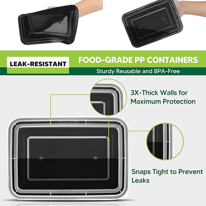 50 Pack Meal Prep Containers with Lids 38oz - BPA-Free, Reusable, Leakproof Food Storage Containers - Microwave/Dishwasher/Freezer Safe, To Go Take Out Plastic Food Storage Pans(Black)