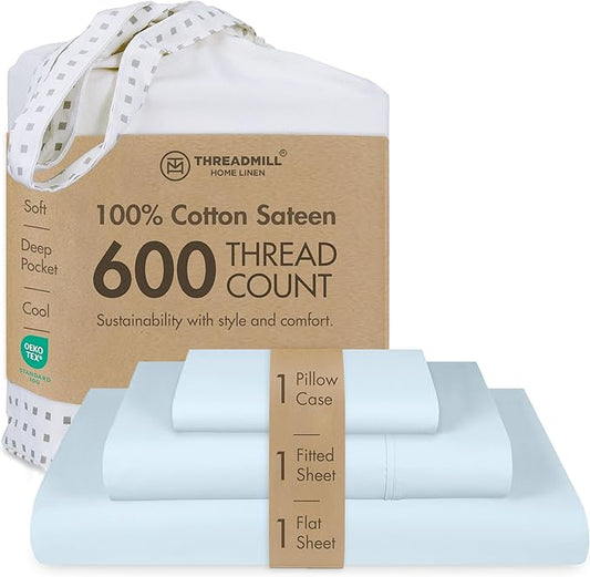 Threadmill 100% Cotton Sheets for Twin Size Bed - 600 Thread Count Twin Bed Sheets Set with 15” Deep Pocket - Sateen Weave 3-Piece Bedding Set with Cooling Effect, Blue
