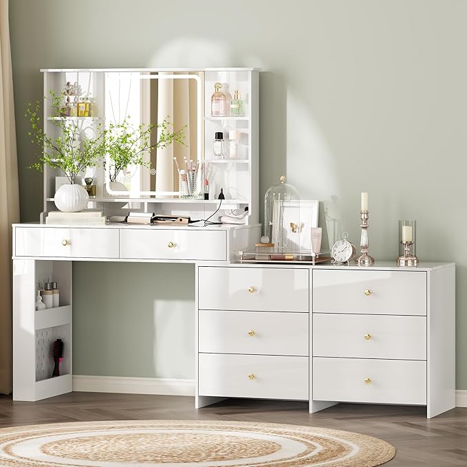 Makeup Vanity Desk with Mirror and Lights, Vanity Desk with 8 Drawers & Storage Shelves, Vanity Table with Power Outlet, 3 Color Modes & Adjustable Brightness Dressing Table, Bedroom,White
