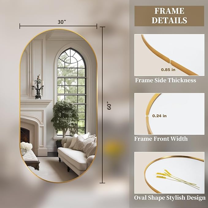 Oval Full Length Mirror, 60"×30" Wall-Mounted Mirror with Metal Frame, Ultra-Clear Explosion-Proof Dressing Mirror, Simple and Classic Deco for Cloakroom/Bedroom/Living Room, Gold