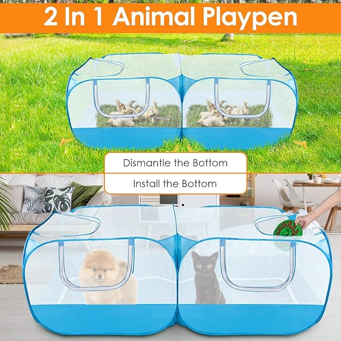 SlowTon Small Animals Playpen, Portable Large Chicken Run Coop with Detachable Bottom Breathable Transparent Mesh Walls, Foldable Pet Enclosure for Puppy Kitten Rabbits Indoor Outdoor(BL,Flat Top)