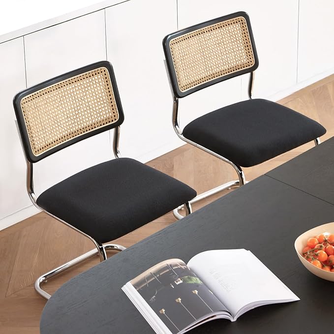 Black Chrome Rattan Dining Chairs Set of 2, Wooden Mid-Century Modern Kitchen Chairs, Mesh Back Cane Dining Room Chairs, Cesca Design Chair with Metal Chrome Legs