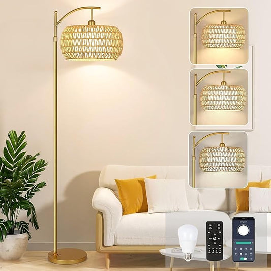 Gold Floor Lamps for Living Room Boho Rattan Floor Lamp with Remote Control & Wicker Lampshades,Vintage Brass Standing Lamp Dimmable Tall Floor Lamp for Bedroom Living Room Corner