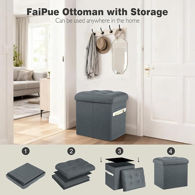 Storage Ottoman, Foot Rest Stool with Thicker Foam Padded Seat. 61L Slim Tall Foldable Linen Footstool Storage Bench Small Ottoman for Living Room, Bedroom. 350lbs Load Capacity, 17x13x17in, Dark Gray