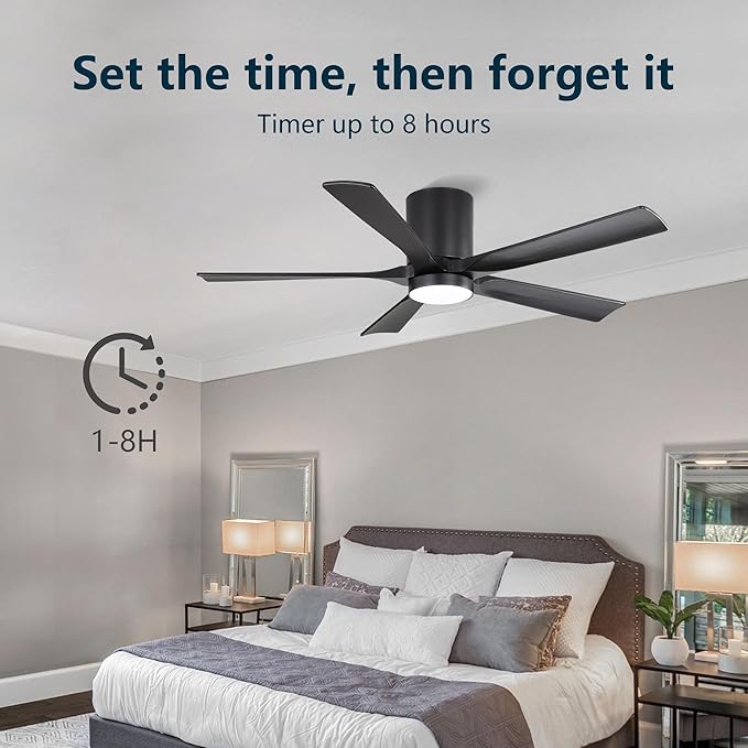 ELEHINSER 52 inch Low Profile Ceiling Fan with Light, 5 Solid Wood Blades, 6-Speeds, Quiet DC Motor, Timer, Flush Mount Modern Ceiling Fan with Remote for Living Room Bedroom, Black