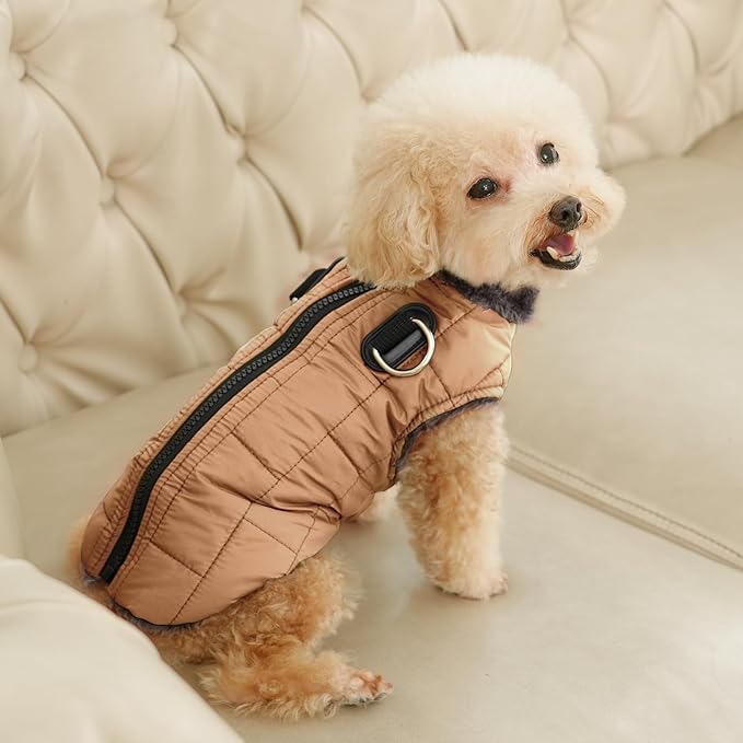 Warm Fleece Dog Coats with Durable Harness Buitl in D-Ring,Waterproof Doggie Jacket for Medium Dogs,Dog Vest for Cold Winter,Burnished Khaki L