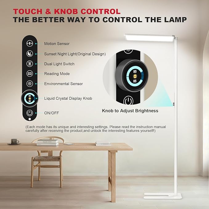 JINIU 79” Eye-Care LED Floor Lamp, Bridgelux Thrive™ Full-Spectrum Standing Lamp, 150W 11000LM, Dimmable 4000K Natural Daylight, Motion Sensor for Home Office, Playroom, Special Nightlight for Bedroom