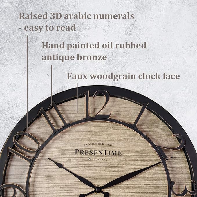 Presentime & Co 13" Farmhouse Series Wall Clock, Quartz Movement, Shiplap Style,Raised 3D Arabic Numeral, Oil Rubbed Bronze