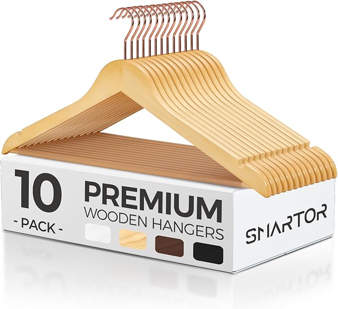Smartor Wooden Hangers 10 Pack, Solid Wood Coat Hanger for Closet, Heavy Duty Wood Hangers for Suits, Shirts, Dresses, with 360° Rose Gold Hook, Non Slip Pant Bar, Natural