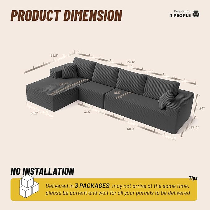 138" Boneless Couch with Deep Seat, Modular Sectional Sofa, Cloud Sectional Couch for Living Room, No Assembly Required, Corduroy, 4 Seater L-Shape Left, Grey