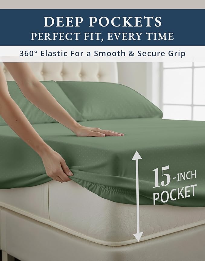 LANE LINEN Luxury Hotel Style 100% Egyptian Cotton Bed Sheets King Size, Mercerized Cotton, Silky Finish, No Pill Fade Resistant King Sheets & Pillowcases Jaquard Swiss Dot - Iceberg Green
