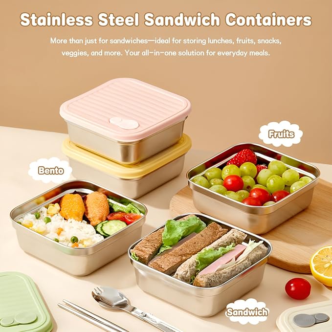2 Pack Sandwich Containers, 20oz Stainless Steel Sandwich Box with Lids, Reusable Metal Meal Prep Lunch Boxes, BPA-Free, Dishwasher Safe, Food Storage Containers for Snacks & Fruits (Yellow, Green)
