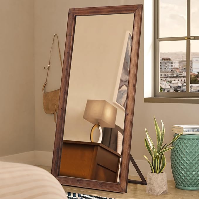 Rustic Farmhouse Full Length Mirror with Stand 71"X32" Large Wood Frame Floor Mirror, Leaning or Wall Mounted Free Standing Mirror for Entryway Bedroom Living Room, Tempered Glass, Brown