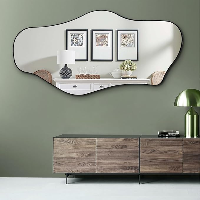 Irregular Wall Mirror, 47"x25" Large Asymmetrical Mirrors, Cloud Shaped Mirror with Metal Frame, Modern Abstract Mirrors for Living Room Bathroom Bedroom Hallway Entryway Fireplace