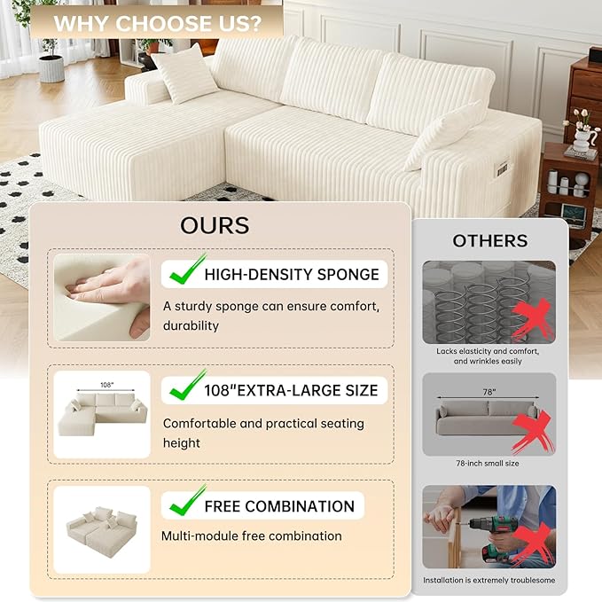 108" Sectional Couches for Living Room, Modular Sectional Sofa with L-Shape Chaise, Boneless Couch, Comfy Corduroy Fluffy Couch with Deep Seat and Side Pockets, No Assembly Required