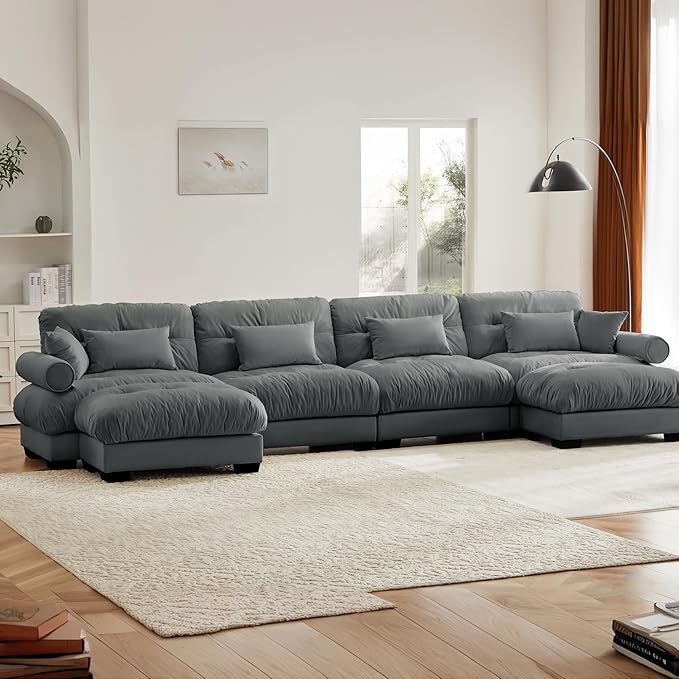166" Grey Modular Sectional Sofa, 4 Seater Large Sectional Couches for Living Room, Velvet Fabric Oversized Fluffy Cloud Couch with Ottoman, Deep Seat Home Sofas Set, Sofá Moderno, U Shaped