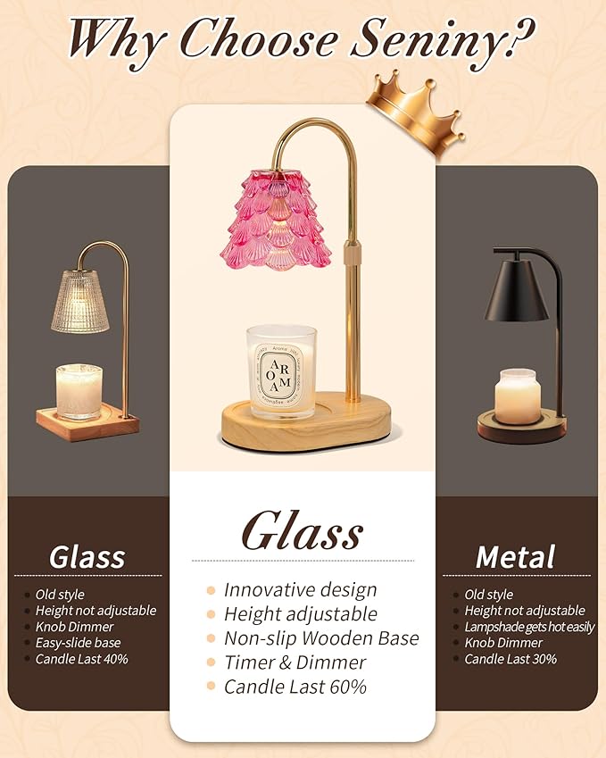 Seniny Electric Candle Warmer Lamp - with Time Dimmable Adjustable Height Candle Lamp Warmer for Jar Candles,Christmas Wax Melt Wamer, Birthday Gifts for Women Mom, House Warming Gifts New Home Decor