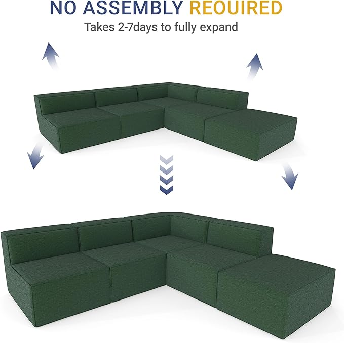 97"+57" 5-Piece Modular Sectional Sofa Convertible Cube Couch 2 3 4 Seat Set, L-Shape, Thick Foam No Assembly for Living Room (3xArmless+1xCorner+1xOttoman) Fabric Chenille Dark Green