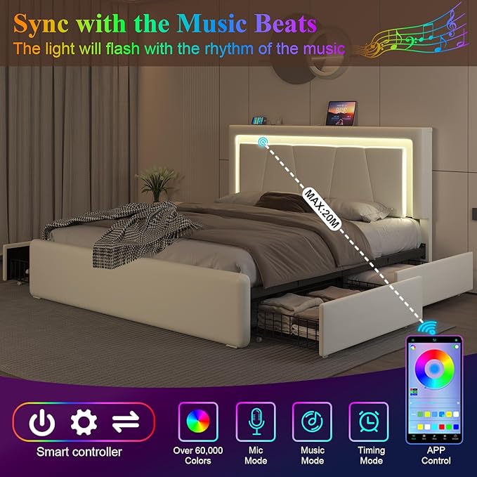 Queen Size Bed Frame with 4 Storage Drawers and LED Lights, Upholstered Platform Bed with Adjustable Headboard and Charging Station, Metal Slats Support, No Box Spring Needed,Easy Assembly, White