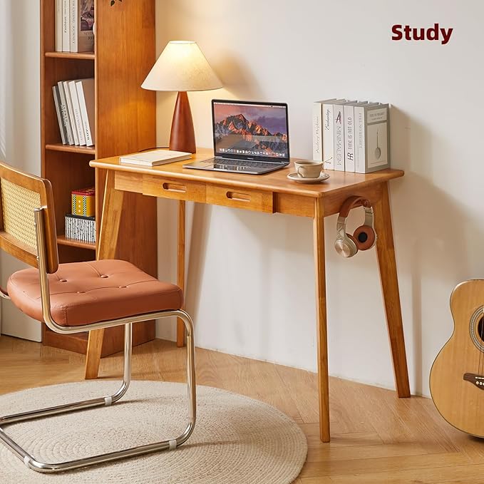 Wood Writing Desk with Drawer and Hanging Rod, Small Computer Desk Table, 39x20x30inch Work Desk, Study Desk, Small Wooden Dining Table Cherry Wood Color YD-WD01N