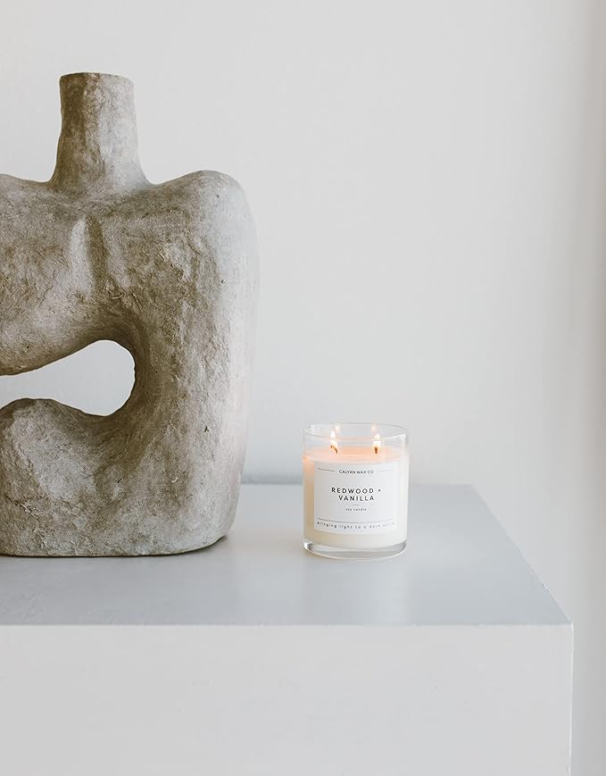 Calyan Wax Co. Redwood & Vanilla 2 Wick Scented Candle - 37 Hour Burn - Luxury Non Toxic Soy Wax Candles - Long Lasting Large Glass Jar Candle for Home - 8.8oz