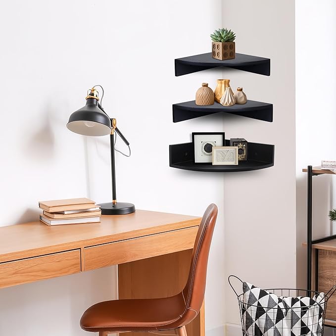 Demigo Corner Shelf Wall Mount Set of 3, Solid Acacia Wood Round Floating Corner Shelves for Storage and Display, Hanging Wood Shelves for Bedroom, Kitchen, Living Room, Bathroom (Black)