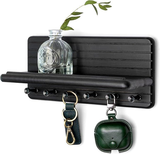 Rebee Vision Decorative Key Holder Wall Mount for Room Decor Aesthetic – Chic 11-Inch Wooden Key Holder for Wall with 6 Hooks & Floating Shelf - Elegant Home Organization Accent (Black)