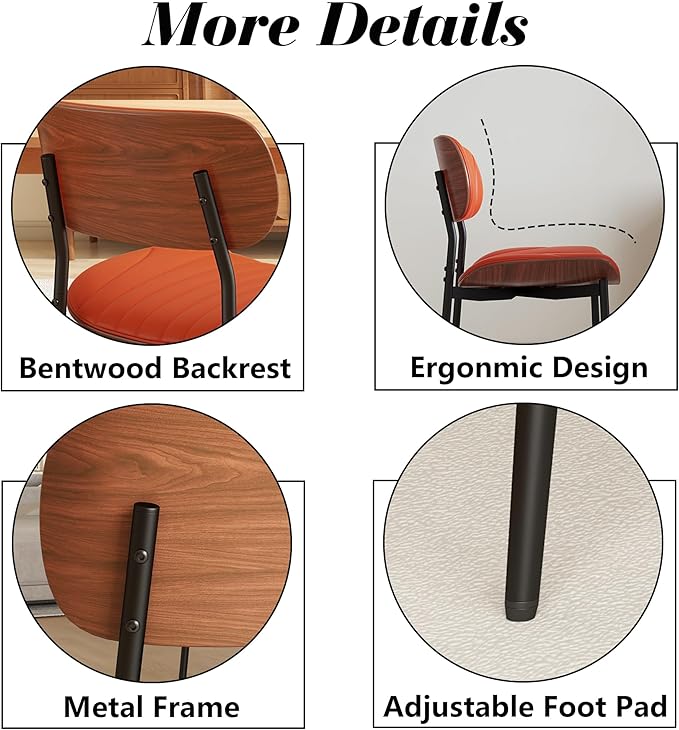 Modern PU Leather Dining Room Chairs Set of 6, Upholstered Kitchen Chairs with Walnut Bentwood Back and Metal Legs Adjustable Feet for Kitchen Dining Room(Orange)