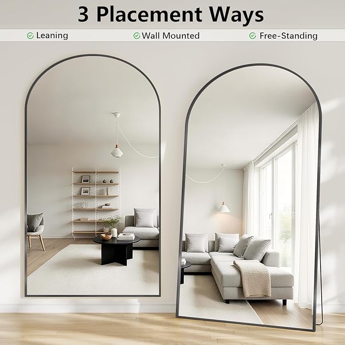 Oversized Full Length Mirror, 40"x80" Large Arched Floor Mirror Full Length with Stand, Room Decor Big Full Body Mirror with HD Tempered Glass Aluminum Frame for Bedroom Living Room, Black
