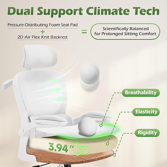 Office Chair Ergonomic Desk Chairs with Adjustable Lumbar Support& Headrest Hanger, High Back Breathable Mesh Chair with Wheels, Rolling Swivel Comfy Task Computer Chair for Home Work Gaming