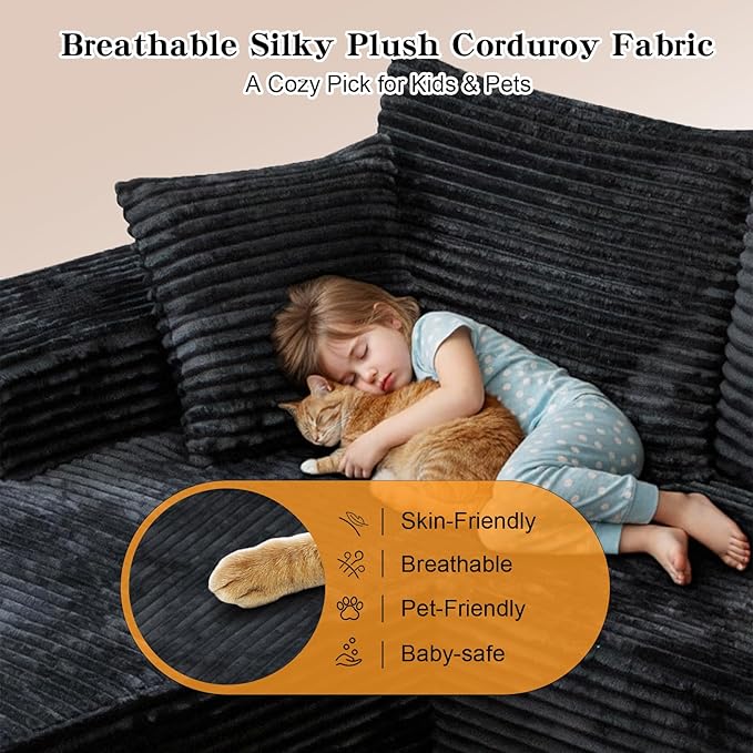 106'' Boneless Couches for Living Room, L Shaped Modular Sectional Sofa with Chaise Lounge, Faux Rabbit Fur & Layered Cushion Deep Seat Cloud Couch, No Assembly (Black, Right Facing Chaise)