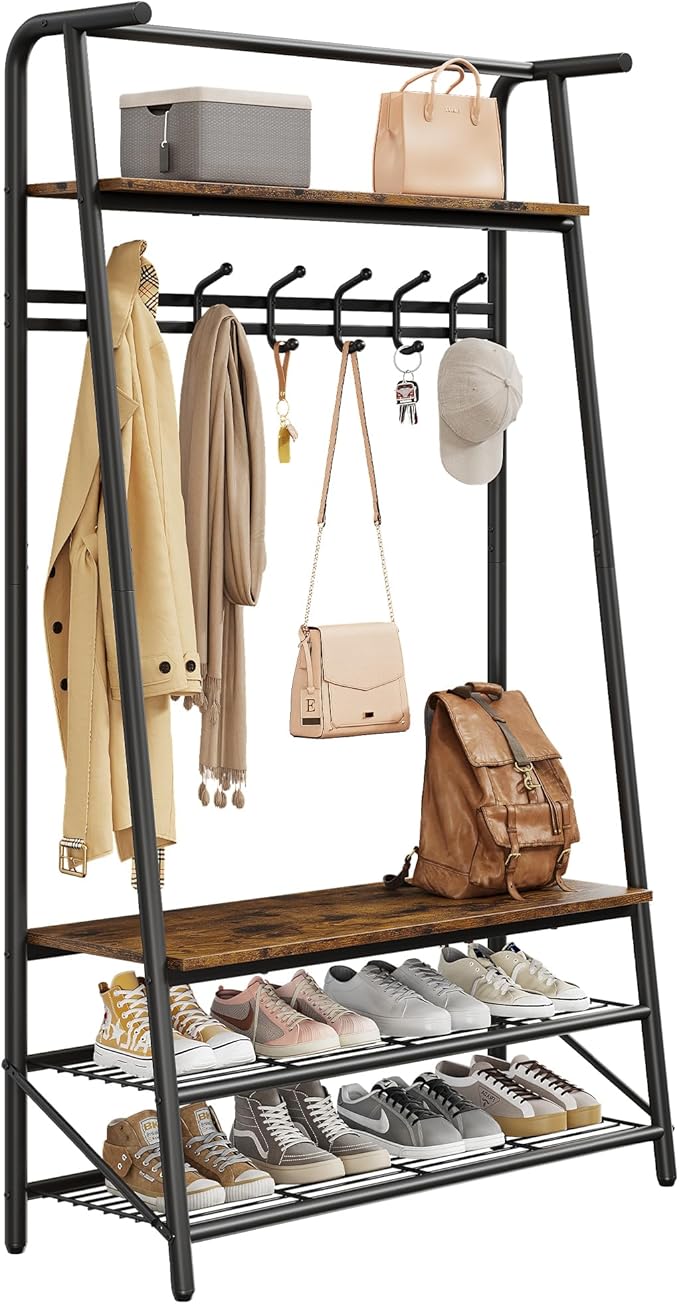 MDF Hall Tree with Bench, 4-in-1 Entryway Coat Rack with Storage Shelf & Shoe Organizer, Sturdy Freestanding Furniture for Living Room, Bedroom, Mudroom