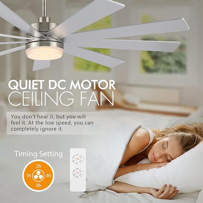 64" Ceiling Fan with Light Silver, 6-Speed Remote Control, Reversible DC Motor, Modern 9 Blades with 4.5"/12" Downrods for Home or Commercial, Living Room/Restaurant