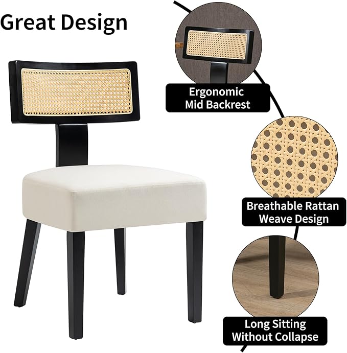 Rattan Dining Chairs Set of 4, Mid-Century Modern Fabric Upholstered Dining Room Chairs with Black Hardwood Frame, Curved Backrest Kitchen Chair Armless Accent Chairs for Dining Room (Cream)
