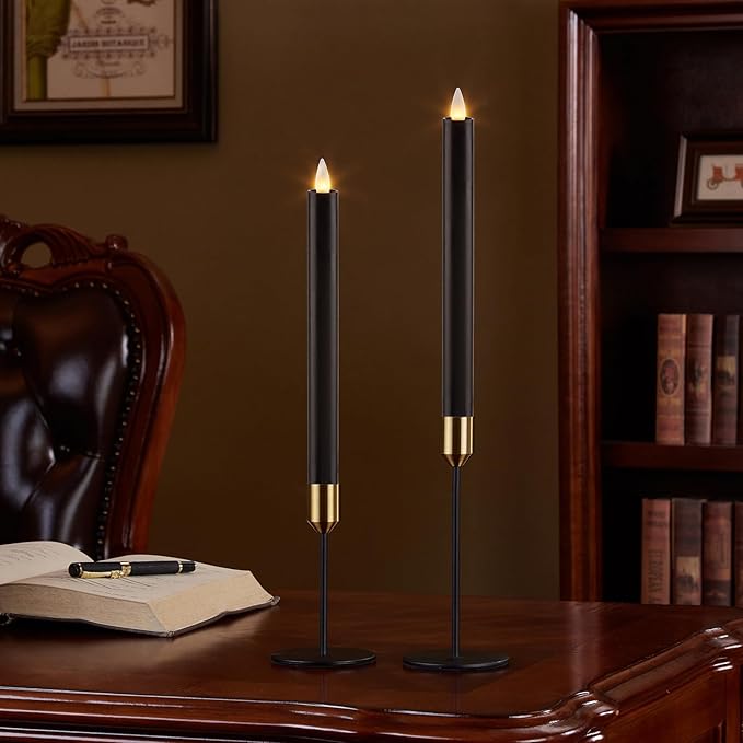 Flameless Taper Candles Flickering with Remote and Timer, 3D Moving Flame Taper Candle Battery Operated to 400 Hours, 9 Inch Window Candles, (Black)