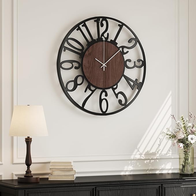 Modern Wall Clock Battery Operated, 16 inch Round Big Wood Decorative Metal Wall Clocks for Living Room, Non Ticking Silent Black Clock, Bedroom, Kitchen, Office Decor-Arabic Numerals
