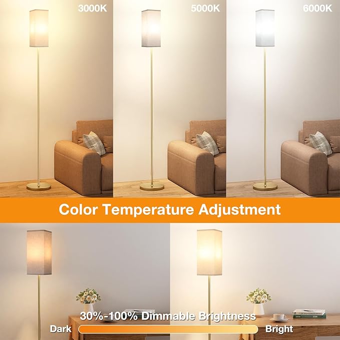 Ambimall 2 Packs Remote Control Floor Lamp, Stepless Dimmable, 64 Inches Tall, Include 9W Bulb, Standing Lamp for Living Room Bedroom Office (Light Beige & Gold)