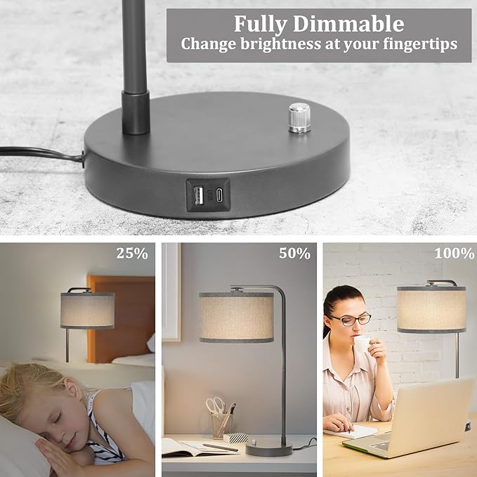 Gray Bedside Lamp with USB C+A Charging Ports, Fully Dimmable Modern Nightstand Lamp with Grey Fabric Shade, Tall Reading Lamp Desk Lamp for Bedroom Living Room Office with 3000K LED Bulb