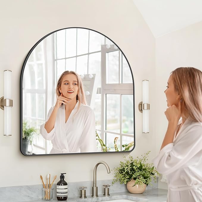 Arched Bathroom Mirror, 36"x40" Black Arched Mirror for Bathroom, Wall Mounted Mirror, Black Vanity Wall Mirror w/Metal Frame for Bedroom, Entryway, Living Room, Vertically Hanging