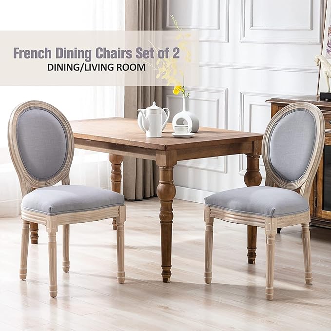 Nrizc French Dining Chairs Set of 6, French Country Dining Chairs, Vintage Farmhouse Dining Chair with Round Back, Solid Wood Beige Fabric Dining Room Chairs, for Kitchen, Bedroom, Dining Room