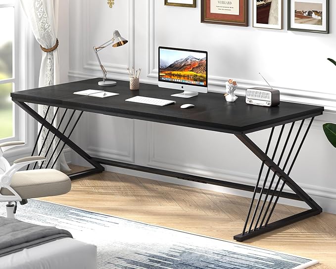 FOLUBAN 70.9" Black Computer Desk, Modern Home Office Desk, Large Gaming Workstation Executive Desk with Z-Shaped Legs, 2 Person Large Study Writing Table for Bedroom