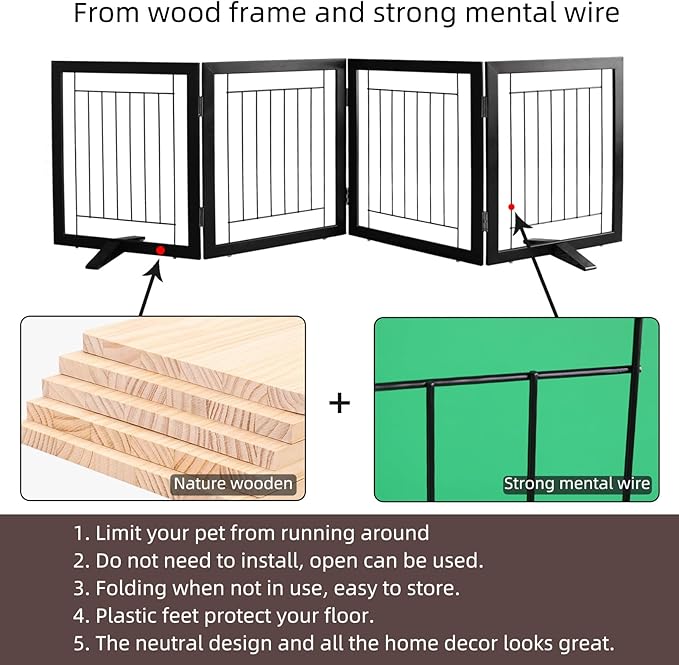 ZJSF Freestanding Dog Gate Indoor, Foldable Dog Fence for Doorways,Hallways or Stairs, Sturdy Wood Extra Wide Pet Gate with Support Feet,Black,32 "Height-4 Panels