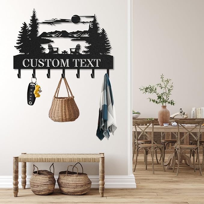 Personalized Key Holder for Wall, Custom Metal Forest Camp Cabin Key Hooks with Name, Metal Jacket Holder Hooks Organizer Rack, Coat Hanger Decor for Kitchen, Entryway, Hallway