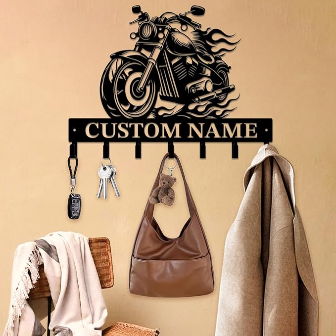 Personalized Custom Name Motorcycle Keys Hooks,Metal Motorcycle Art Clothes Keys Hooks,Metal Motorcycle Lover Wall Home Storage Decorative Keys Hooks,Key Holder Hooks for Wall (Style H)
