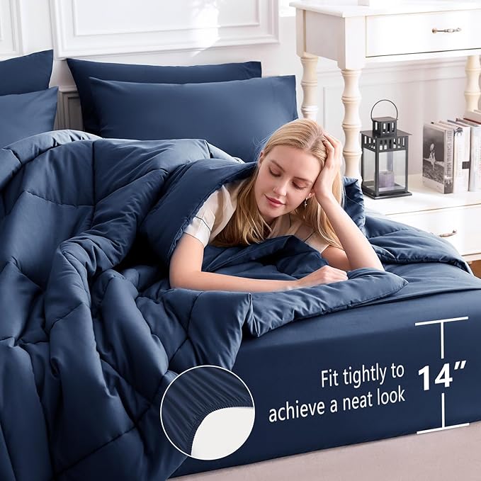 CozyLux Queen Comforter Set Navy Blue, 7 Pieces Bed in a Bag, Blue Comforter Queen Size, All Season Bedding Sets with Stitch Quilted Comforter, Flat Sheet, Fitted Sheet, Pillowcases