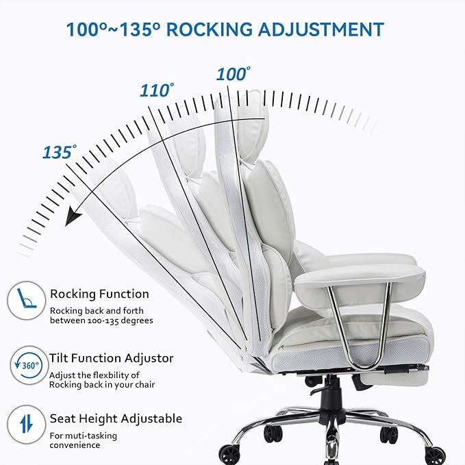 Efomao Big and Tall Office Chair 400lbs – PU Leather Executive Office Chair with Lumbar Support & Leg Rest, Heavy-Duty Computer Chair for Home Office, White