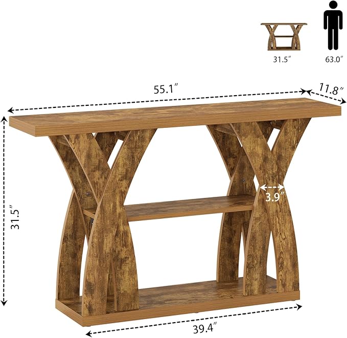 Farmhouse Console Tables, 55-Inches Narrow Console Tables 3-Tier Rustic Wood Sofa Behind The Couch Table Entryway Table for Living Room, Bedroom, Home Office (Tiger Brown)