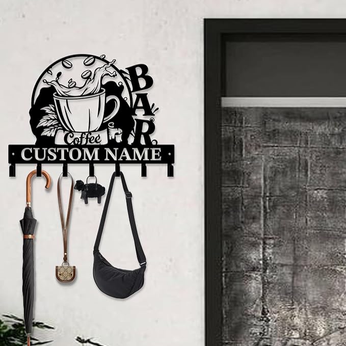 Coffee Bar Keys Holder - Metal Iron Wall Hooks with Custom Name | Personalized Home Decor & Gift Idea | Coffee-Themed Text Engraving Design (Style B)
