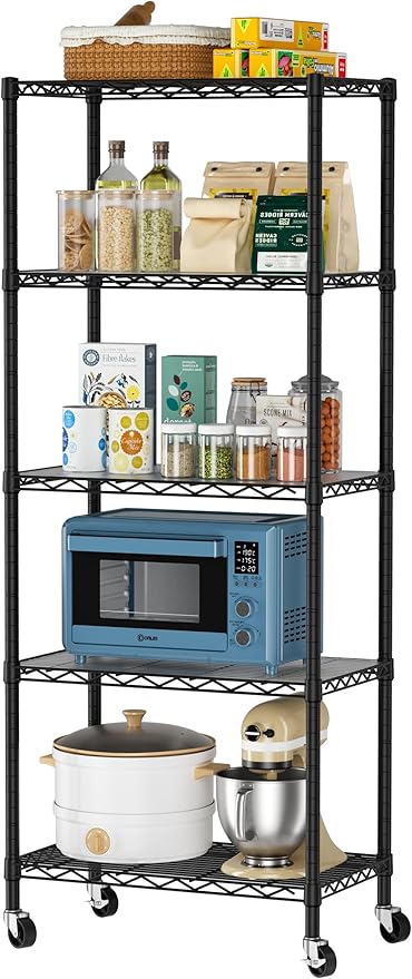5 Tier Shelves Storage Shelf Wire Closet Bathroom Organizers Metal Pantry Kitchen Garage Shelving Unit Laundry Room Organization Home Rack Net Basket Black with Wheels 14”D X 24”W X 61”H